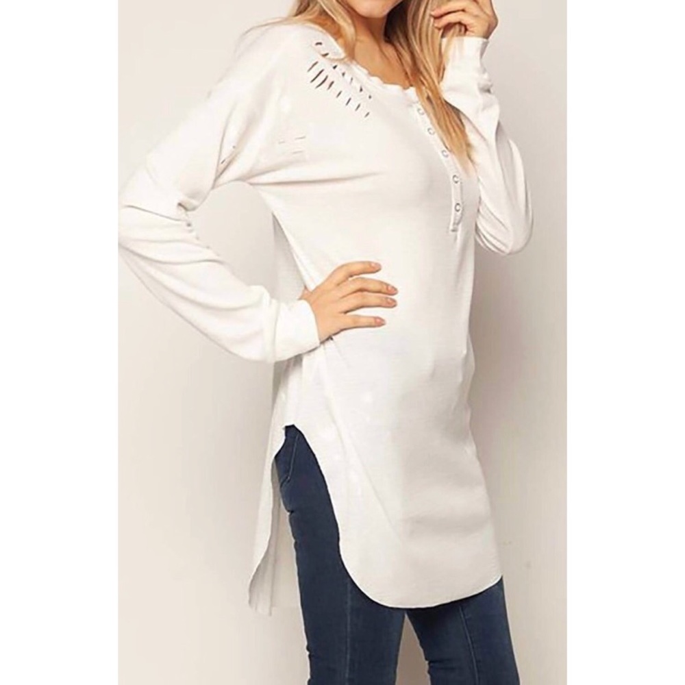 White Long Sleeve Distressed Top - Picture 2 of 3